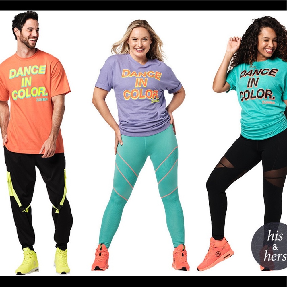 Zumba “Dance in Color” tee blue, purple, orange. One size. Ready to customize.